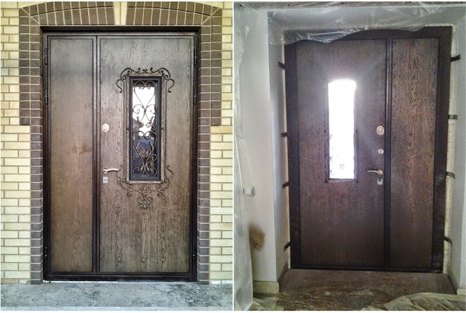 Входные двери с отделкой из шпонированного МДФ и стекла ковкой.