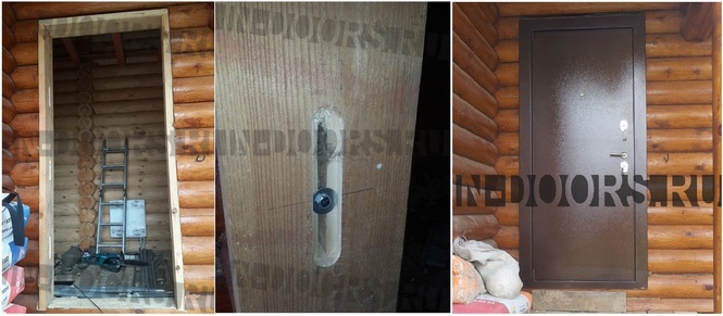 Металлическая дверь в дом из оцилиндрованного бревна, установка в обсадную плавающую коробку.