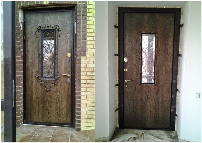 Входные двери с отделкой из шпонированного МДФ и стекла ковкой.