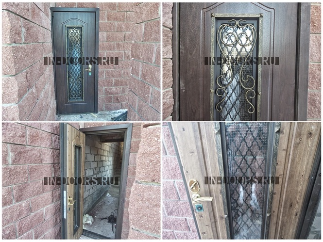 Входная металлическая дверь с ковкой и окном в гостевой загородный дом. Внешняя отделка: влагостойки